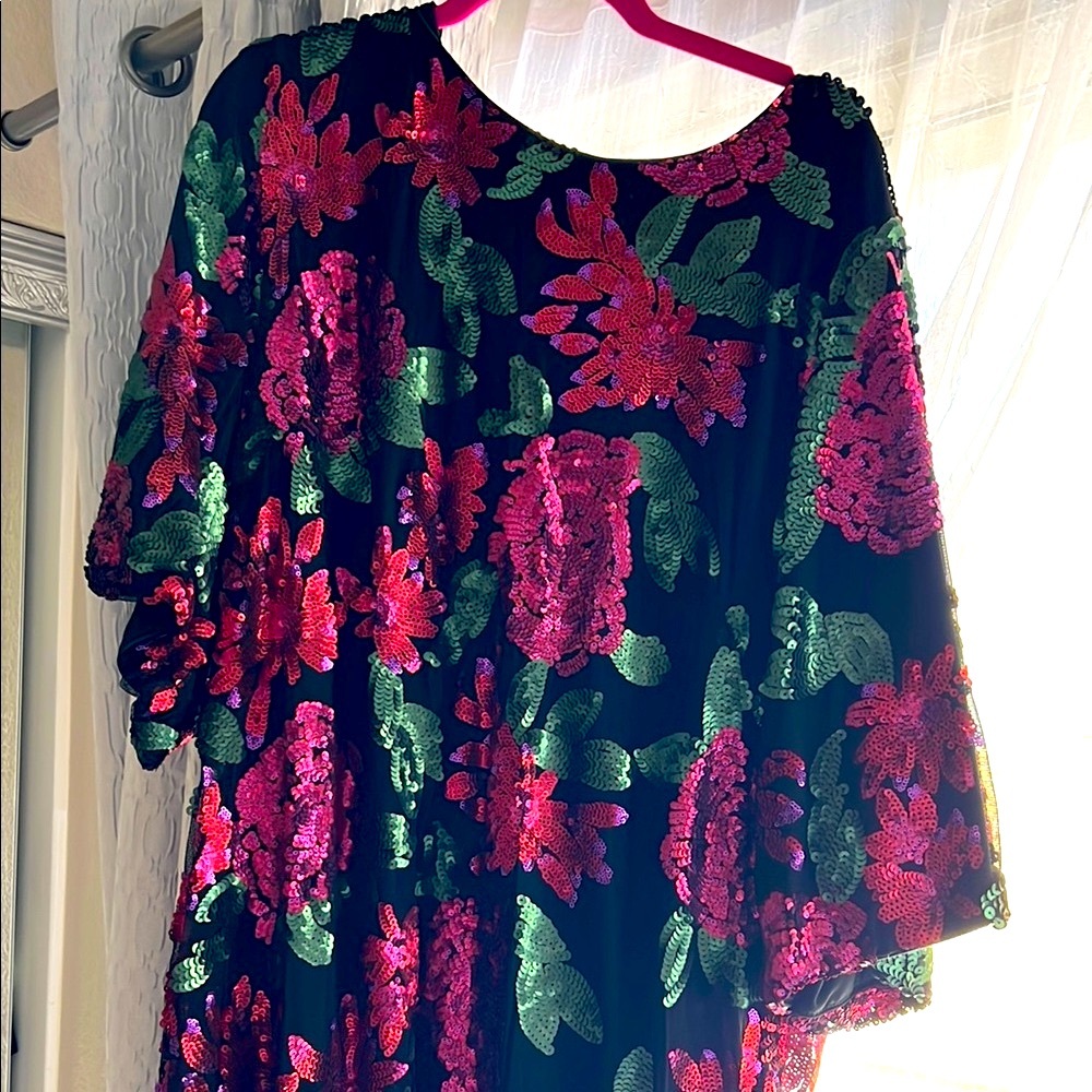 Ivy City Co Black and Pink Floral Sequin Dress